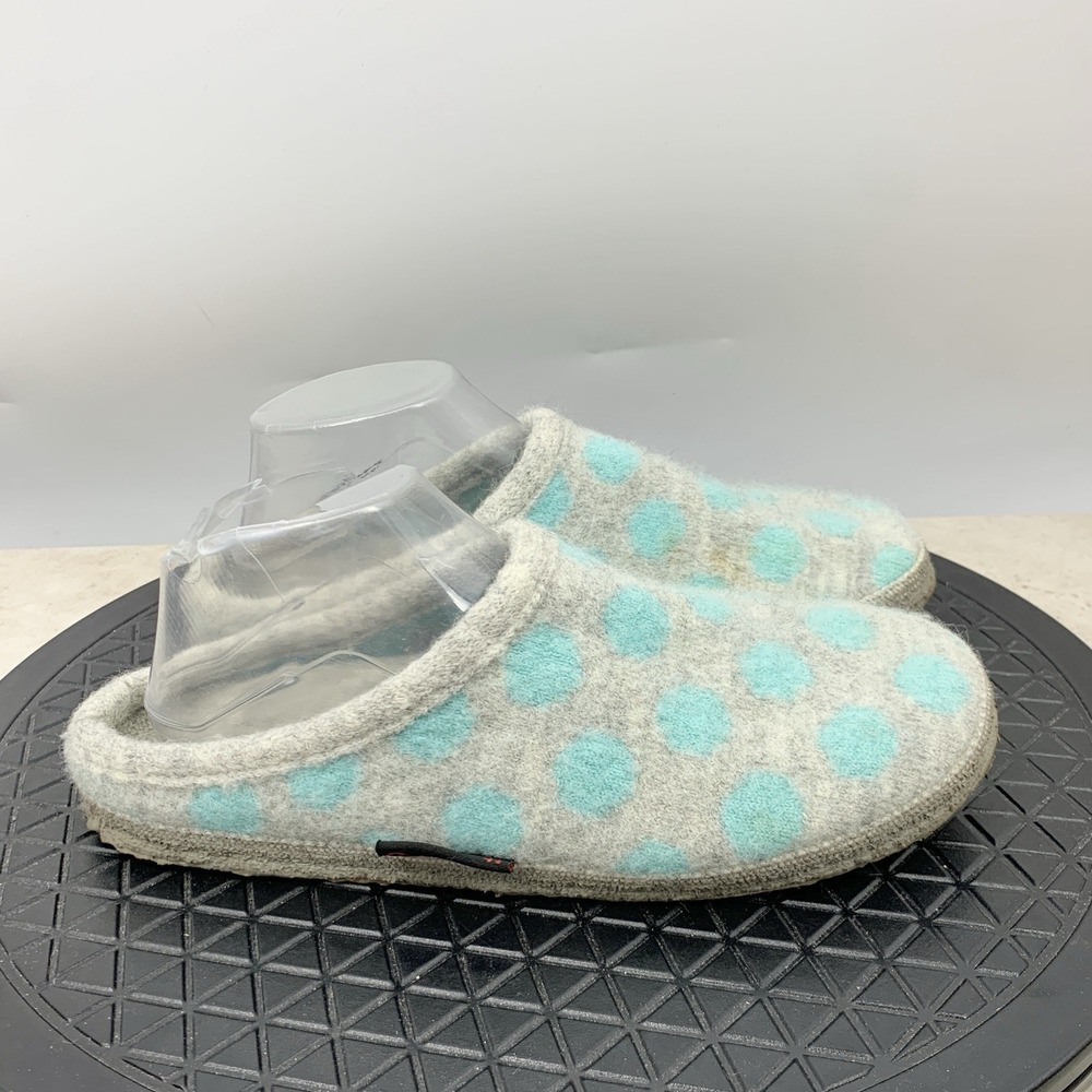 Giesswein Slippers Women 41 Size 10 Shoes Gray Blue Wool Polka Dot Scuffs Slip